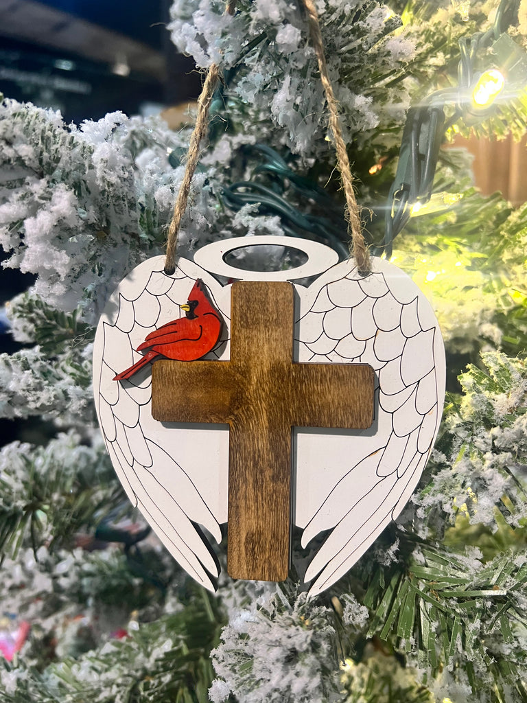 Angel Wings with Cardinal on Cross Ornament